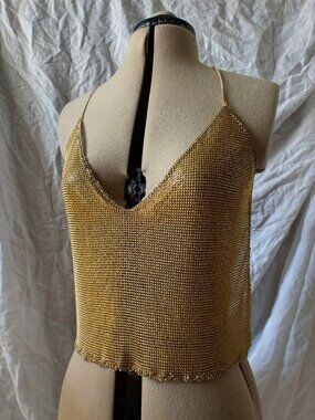 Shiny Gold Chainmail Backless Party Top with Adjustable Straps